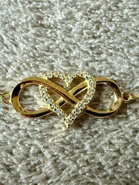Gold Plated Rhinestone Infinity Heart Bracelet Adjustable 11” Statement Jewelry